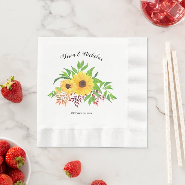 Yellow watercolor sunflowers rustic floral wedding napkin (Insitu)