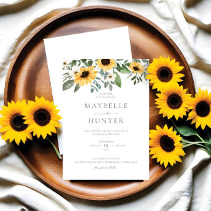 Yellow Watercolor Sunflowers & Wildflower Wedding Invitation