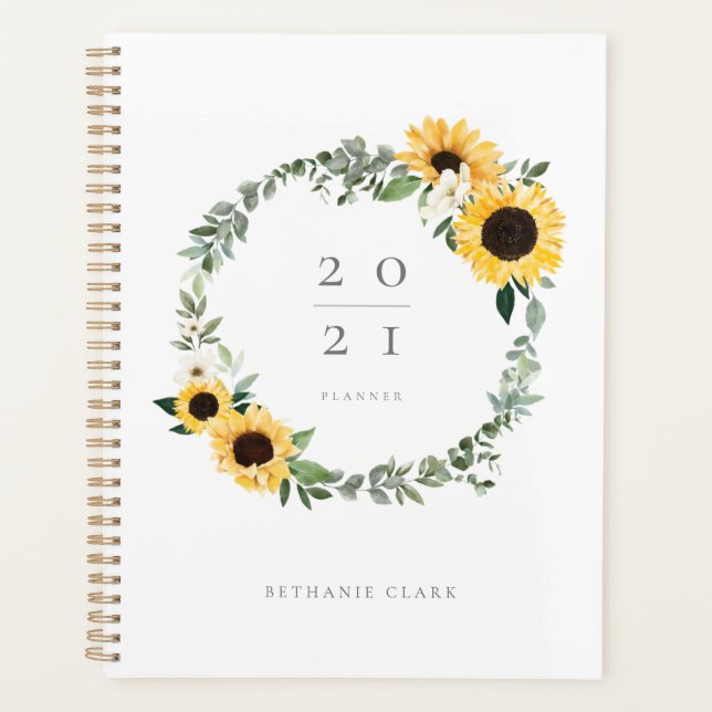 Yellow Watercolor Sunflowers & Wildflower Wreath Planner (Front)