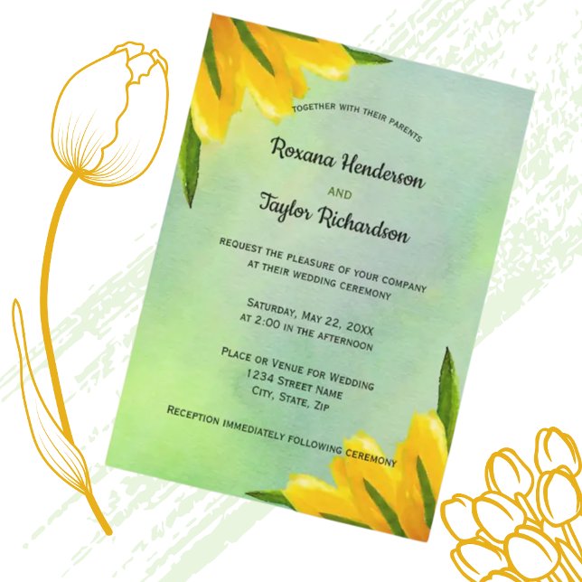 Yellow Watercolor Tulips green backdrop Wedding Invitation (Creator Uploaded)