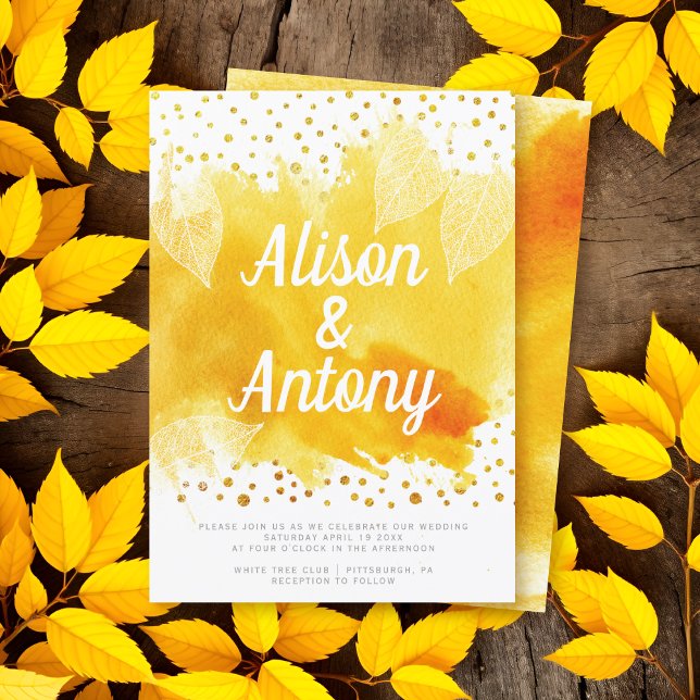Yellow watercolor typography gold confetti wedding invitation (Creator Uploaded)