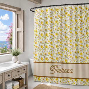 Yellow Watercolor Wildflower Monogram Name Shower Curtain