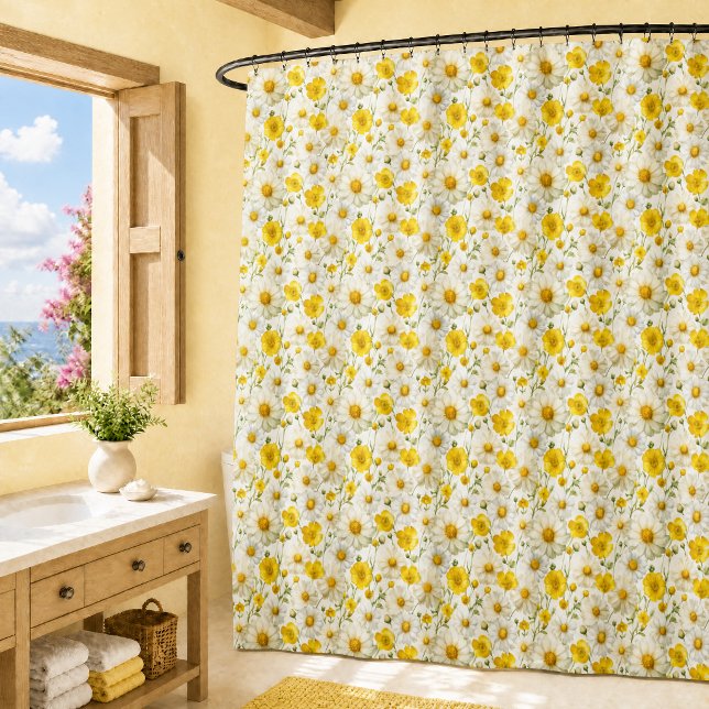 Yellow Watercolor Wildflower Pattern  Shower Curtain (Creator Uploaded)