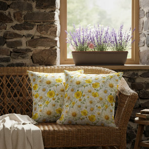 Yellow Watercolor Wildflowers Pattern  Cushion
