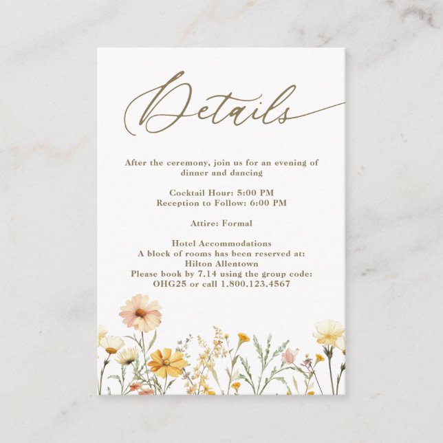 Yellow Watercolor Wildflowers Wedding Details Enclosure Card (Front)