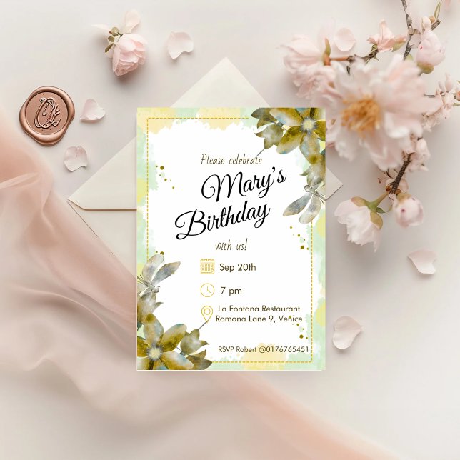 Yellow Watercolour Florals Birthday Invitation (Creator Uploaded)