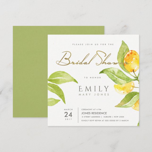 YELLOW WATERCOLOUR FOLIAGE OLIVE BRIDAL SHOWER INVITATION (Front/Back)