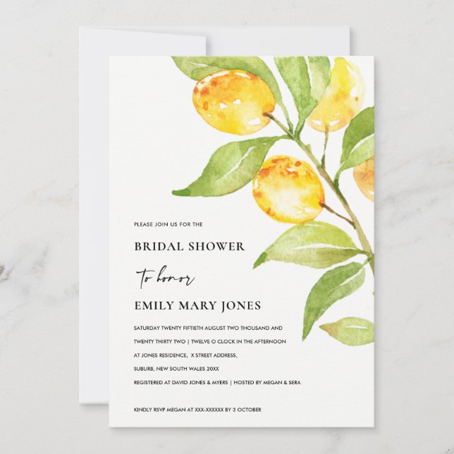 YELLOW WATERCOLOUR FOLIAGE OLIVE BRIDAL SHOWER INVITATION (Front)