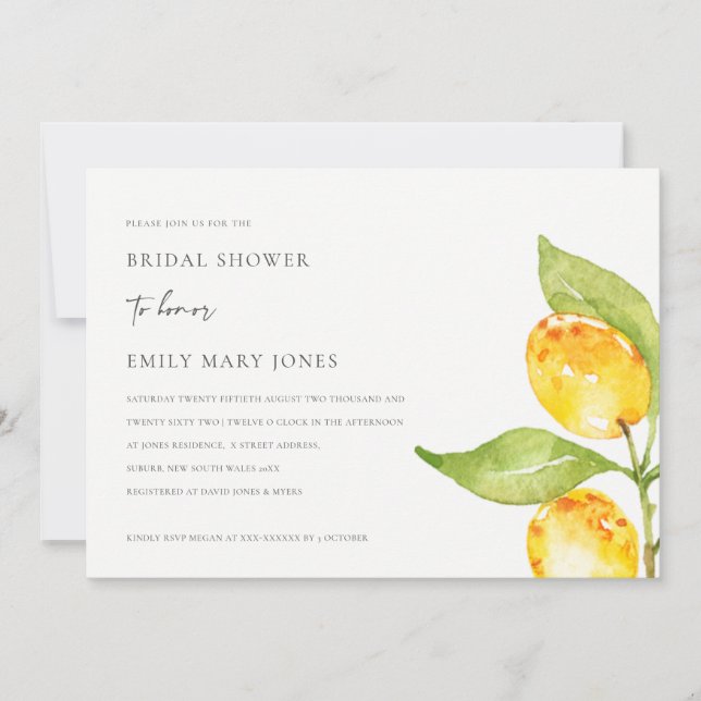 YELLOW WATERCOLOUR FOLIAGE OLIVE BRIDAL SHOWER INVITATION (Front)