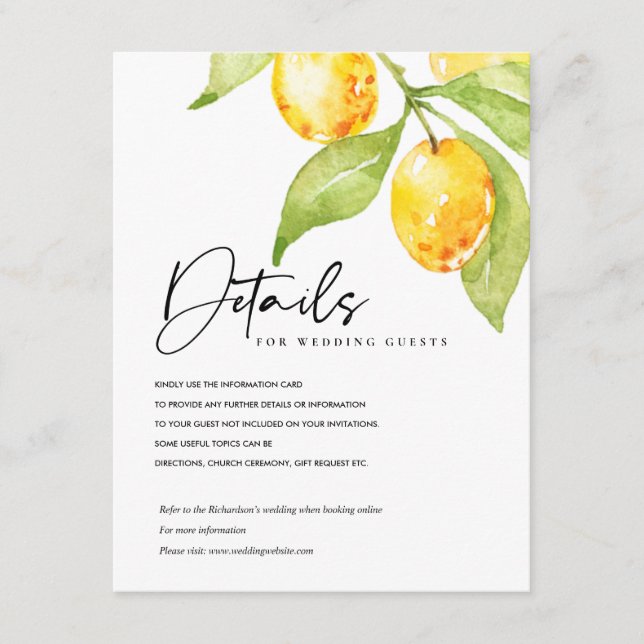 YELLOW WATERCOLOUR FOLIAGE OLIVE WEDDING DETAILS ENCLOSURE CARD (Front)