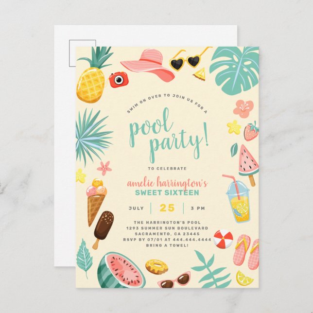 Yellow | Watermelon Pineapple Tropical Pool Party Invitation Postcard (Front/Back)