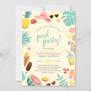 Yellow   Watermelon Pineapple Tropical Pool Party Magnetic Invitation