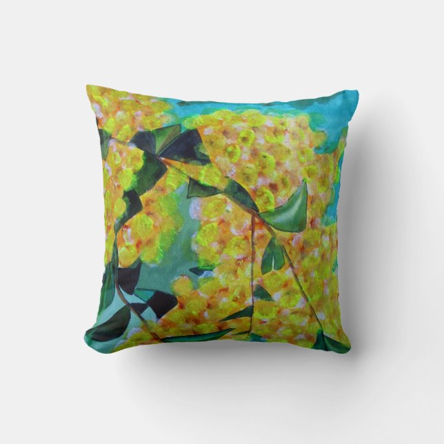 Yellow Wattle Australian native flower art pillow (Front)
