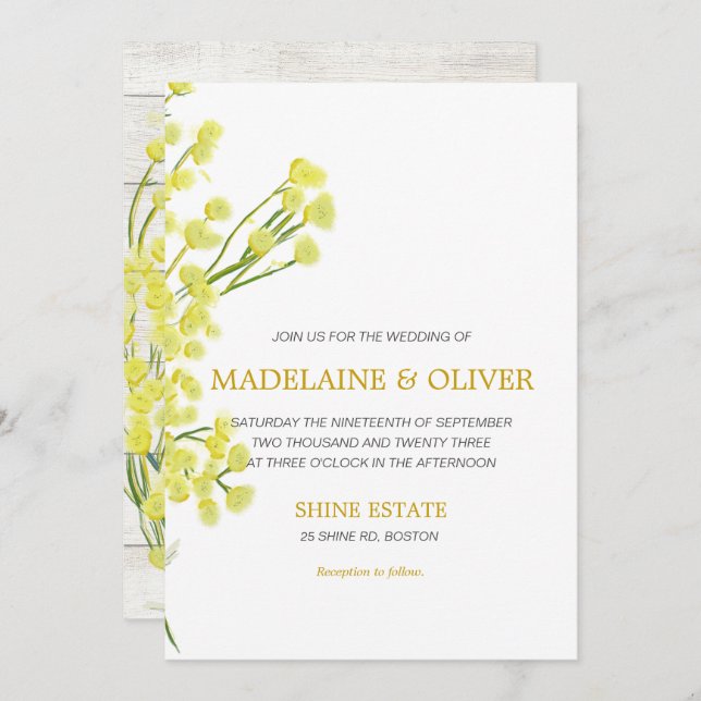 Yellow Wattle Botanical Rustic Wood Modern Wedding Invitation (Front/Back)