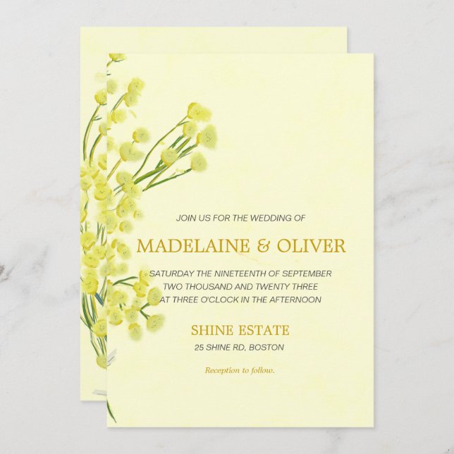 Yellow Wattle Botanical Simple Modern Wedding Invitation (Front/Back)