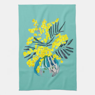 Yellow Wattle Mimosa Australian flower art Tea Towel