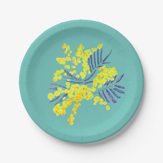 Yellow Wattle mimosa flower art Paper Plate (Front)