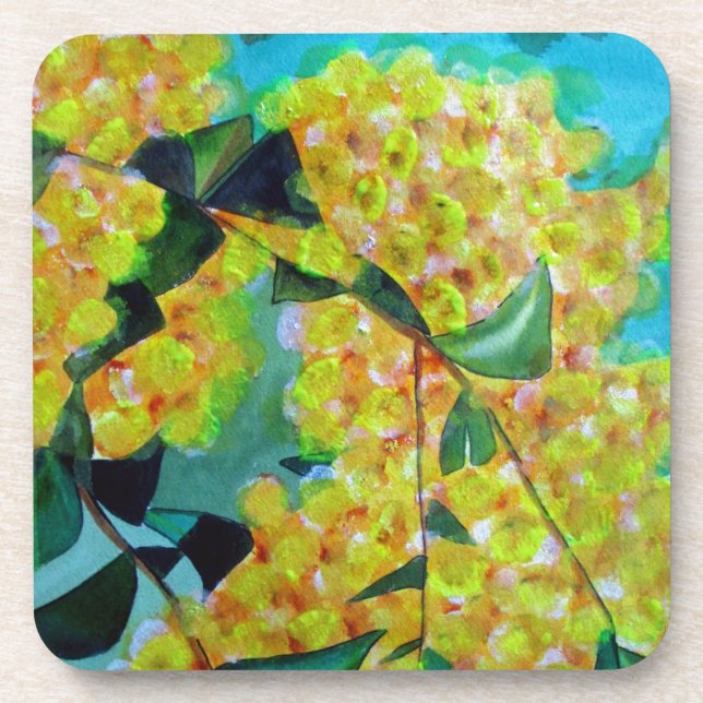 Yellow Wattle native Australian flower art Coaster (Front)