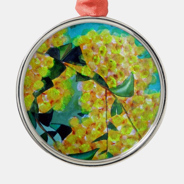 Yellow Wattle native Australian flower art Metal Tree Decoration (Front)
