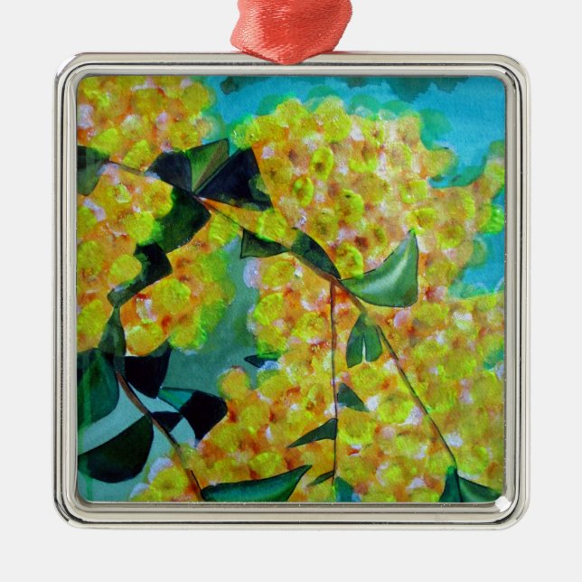 Yellow Wattle native Australian flower art Metal Tree Decoration (Front)
