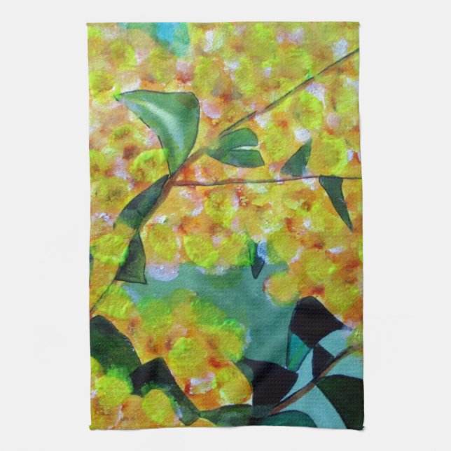 Yellow Wattle native Australian flower art Tea Towel (Vertical)