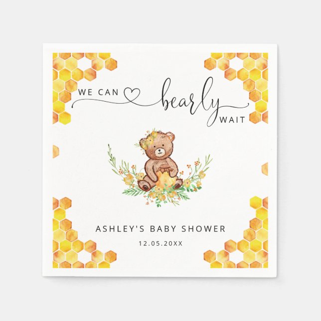 Yellow we can bearly wait baby shower napkins (Front)