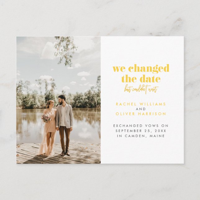 Yellow We Changed the Date But Couldn't Wait Announcement Postcard (Front)
