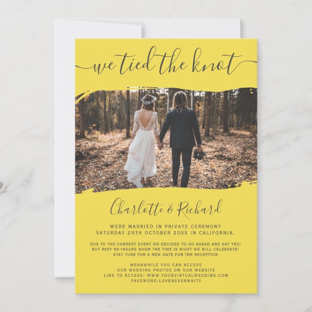 Yellow wedding elopement tied the knot photo announcement (Front)