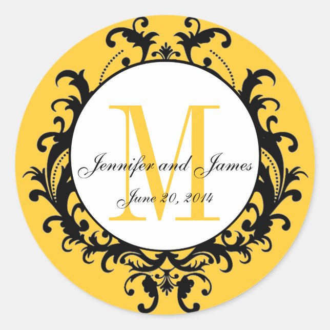 Yellow Wedding Monogram Names Date Sticker (Front)