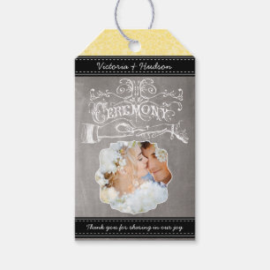 Yellow Wedding Photo Chalkboard Damask Pattern Gift Tags