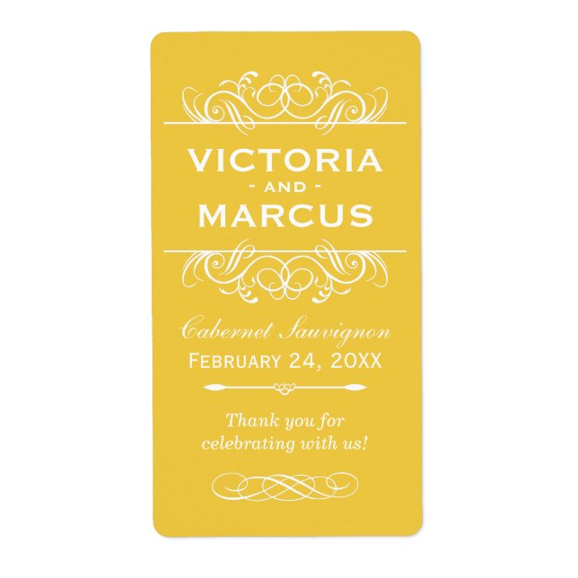 Yellow Wedding Wine Bottle Monogram Favour Labels (Front)