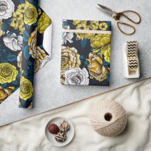 Yellow, white and bi-color roses with blue leaves wrapping paper
