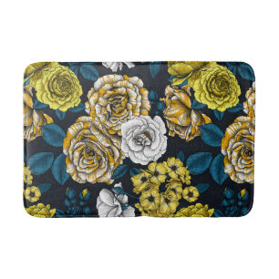 Yellow, white and bi-colour roses with blue leaves bath mat