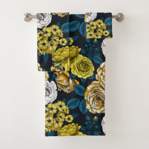 Yellow, white and bi-colour roses with blue leaves bath towel set