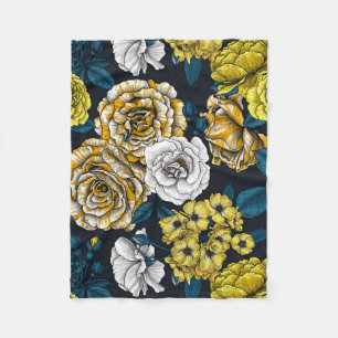 Yellow, white and bi-colour roses with blue leaves fleece blanket