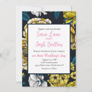 Yellow, white and bi-colour roses with blue leaves invitation