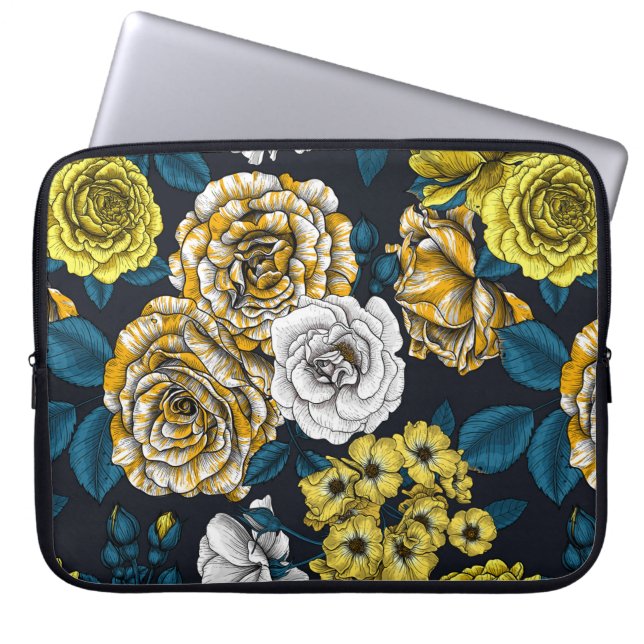 Yellow, white and bi-colour roses with blue leaves laptop sleeve (Front)