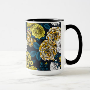 Yellow, white and bi-colour roses with blue leaves mug