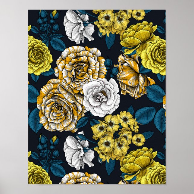 Yellow, white and bi-colour roses with blue leaves poster (Front)