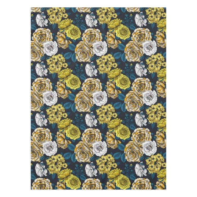 Yellow, white and bi-colour roses with blue leaves tablecloth (Front)