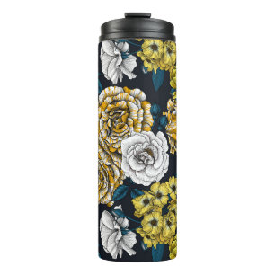Yellow, white and bi-colour roses with blue leaves thermal tumbler