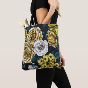 Yellow, white and bi-colour roses with blue leaves tote bag