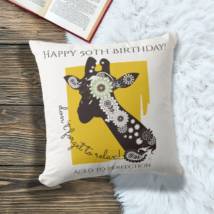 Yellow White and Black Funky Cool Giraffe Birthday Cushion