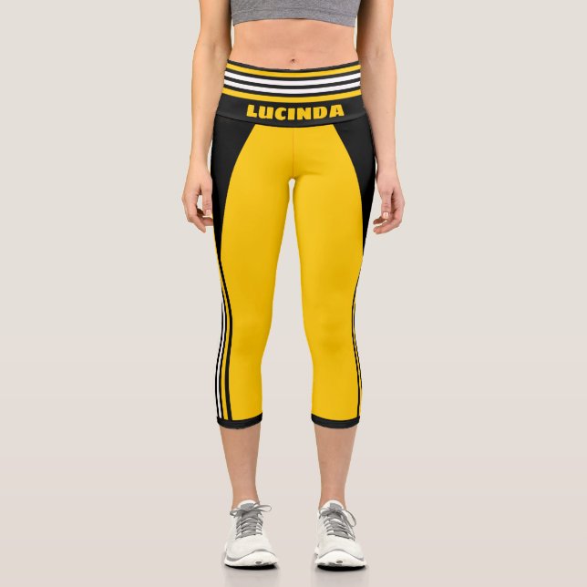Yellow White and Black Racing Stripe Name Template Capri Leggings (Front)