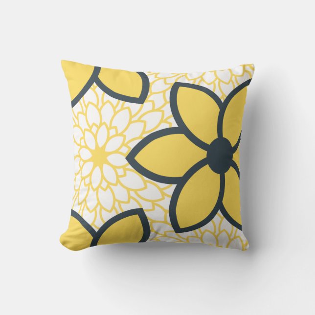 Yellow, White and Charcoal Modern Floral Cushion (Front)