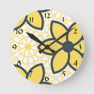 Yellow, White and Charcoal Modern Floral Round Clock