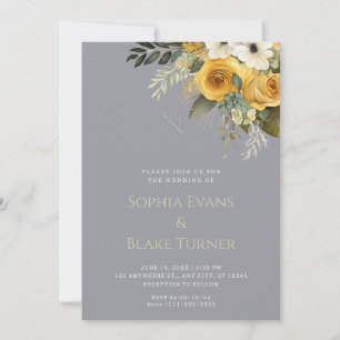 Yellow White and Green Floral Grey Wedding Invitation