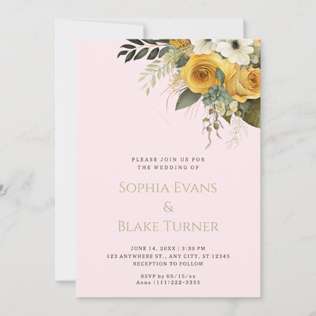 Yellow White and Green Floral Pink Wedding Invitation (Front)