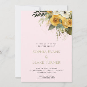 Yellow White and Green Floral Pink Wedding Invitation