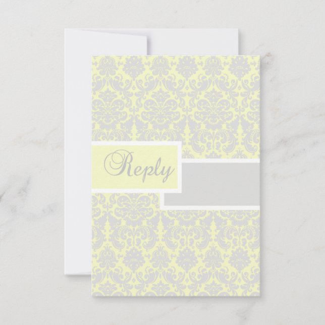Yellow, White, and Grey Damask Reply Card (Front)